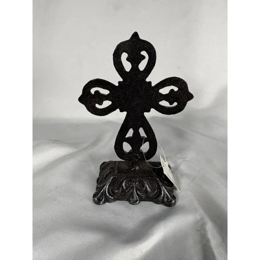 Rustic Cast Iron Fleur De Lis Cross w/ Rhinestones Table Decor 7”